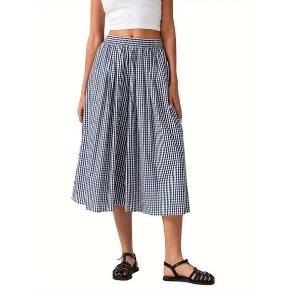 SHEIN Pants - Gingham Culotte Pant Wide Leg Navy White High Waisted S/M Boho Retro Prairie